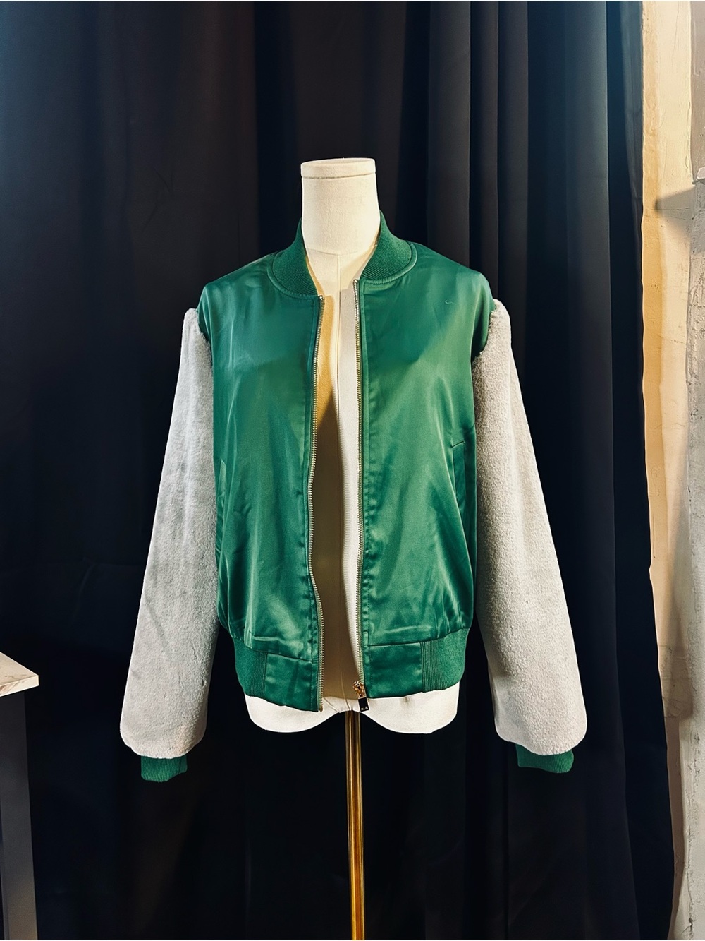 SHEIN Green Satin Bomber Jacket with Light Gray Plush Sleeves